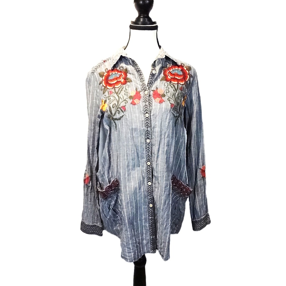Johnny Was‎ Embroidered Floral Striped Button Down Bohemian Shirt sz Extra Small
